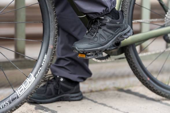 Close-up of black cycling shoes with a sporty look